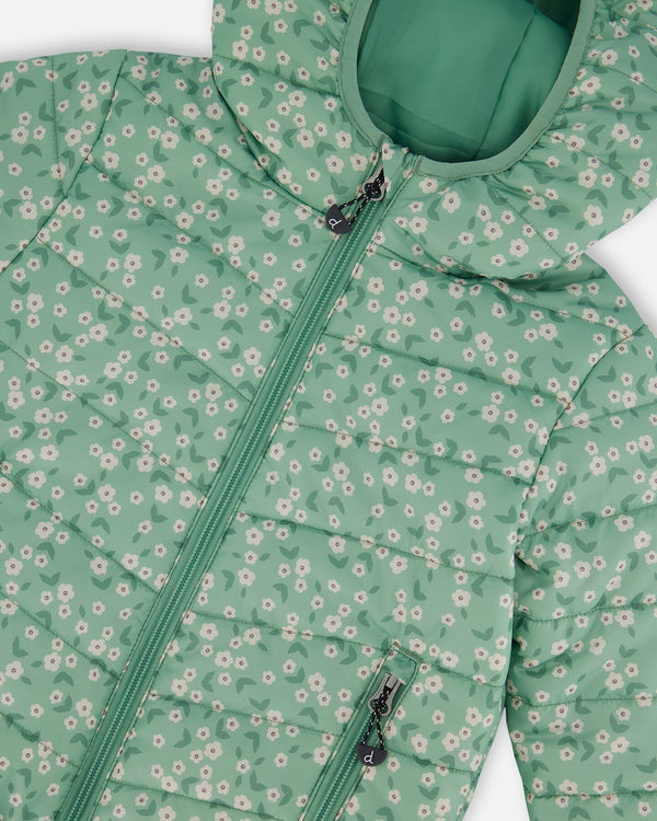 Printed Quilted Mid-Season Jacket Small White Flowers On Sage Green Background - G30W58_013