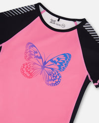 Printed Short Sleeve Athletic Top Pink With Butterflies - G30XG71_638