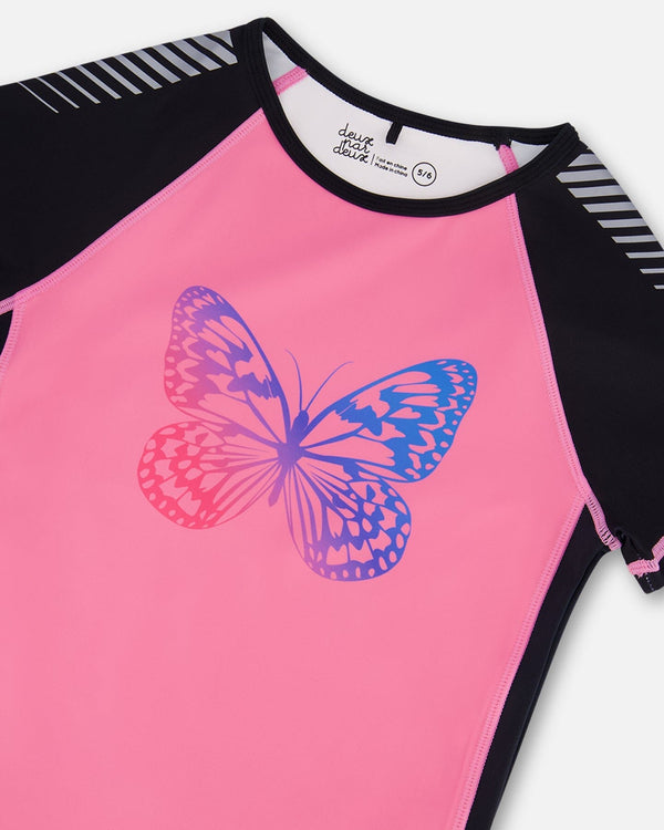 Printed Short Sleeve Athletic Top Pink With Butterflies - G30XG71_638