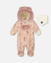 One-Piece Baby Layette Snowsuit Designed For Car Seat Pink Printed Animal