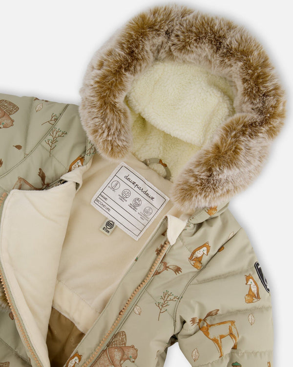 One-Piece Baby Layette Snowsuit Designed For Car Seat Green Animal Print - H10A601_002