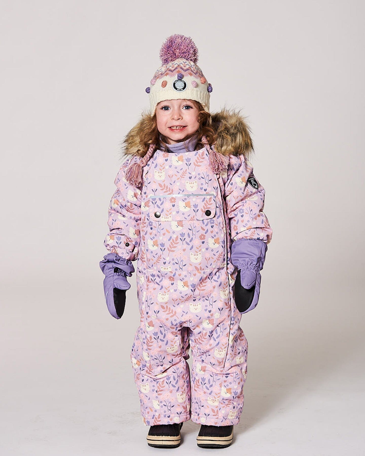One-Piece Baby Play Snowsuit Designed For Car Seat Lilac Cat Print - H10PBG74_008