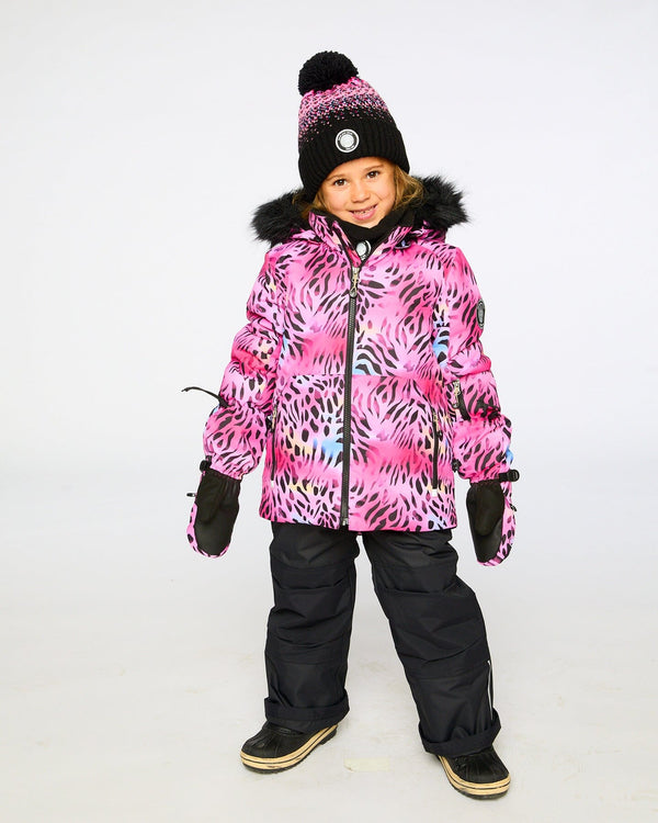 Two-Piece Play Snowsuit With Multicolor Print Jacket And Solid Pant Black Snowsuits Deux par Deux 