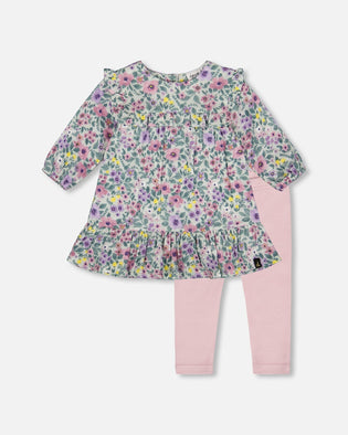 Printed Muslin Sage Floral Dress And Solid Leggings Set - H20A10_046