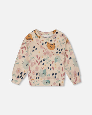 Glittering French Terry Sweatshirt Beige Cat Print - H20E32_055