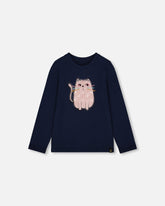 Organic Cotton T-Shirt Dark Blue With Cat