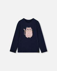 Organic Cotton T-Shirt Dark Blue With Cat - H20E70_499