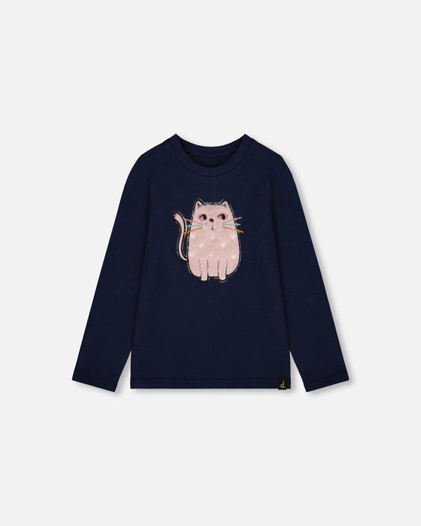 Organic Cotton T-Shirt Dark Blue With Cat - H20E70_499