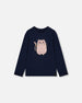 Organic Cotton T-Shirt Dark Blue With Cat - H20E70_499