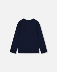 Organic Cotton T-Shirt Dark Blue With Cat - H20E70_499