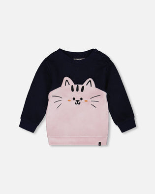 Long Bi-Material Top Dark Blue With Cat - H20E71_499