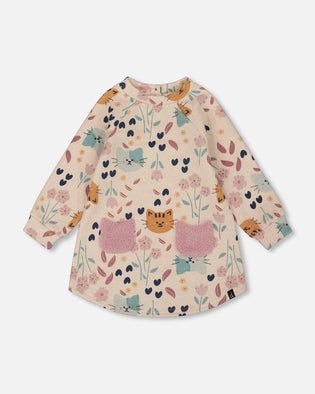Glittering French Terry Dress Beige Printed Cat - H20E87_055