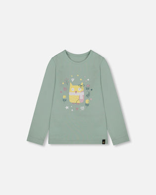 Organic Cotton Jersey Top Jade Green With Owl - H20F71_325