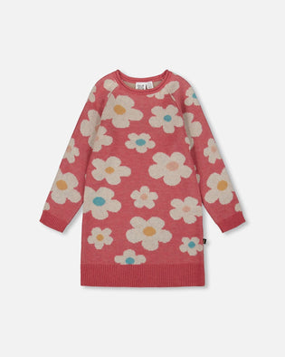 Knitted Dress With Flower Jacquard Old Pink And Beige - H20GT89_000