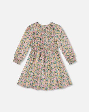 Smocked Viscose Dress Green With Floral Print - H20J87_074