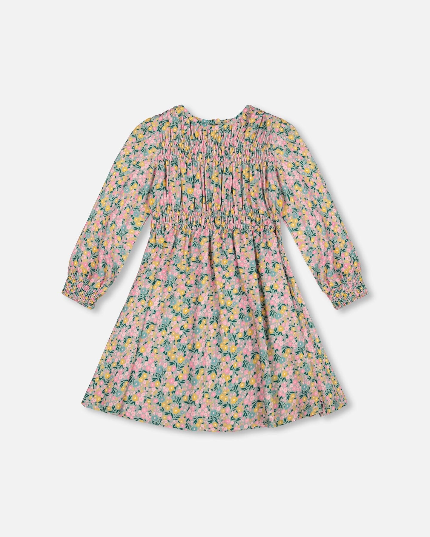 Smocked Viscose Dress Green With Floral Print - H20J87_074
