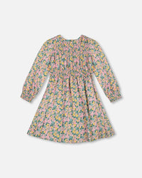 Smocked Viscose Dress Green With Floral Print - H20J87_074