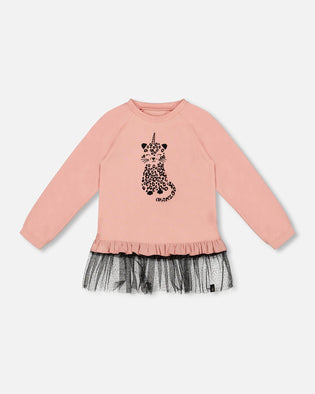 Long Bi-Material Top Dusty Pink With Mesh Ruffle Hem And Leopard Print - H20K76_650