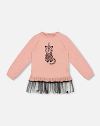 Long Bi-Material Top Dusty Pink With Mesh Ruffle Hem And Leopard Print - H20K76_650