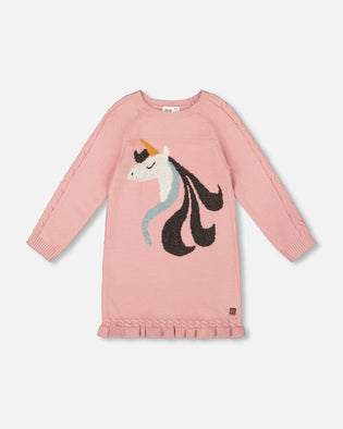 Knitted Dress Dusty Pink With Unicorn Intarsia - H20KT85_650