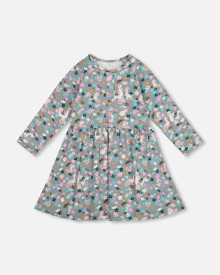 Half Button Organic Cotton Dress Blue Llama Print - H20M88_081