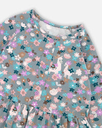Half Button Organic Cotton Dress Blue Llama Print - H20M88_081