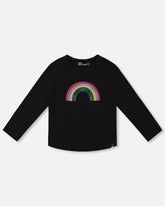 Organic Cotton Long Sleeve T-Shirt Black With Sequin Rainbow