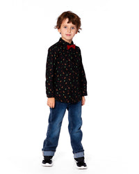 Printed Poplin Shirt Black And Multicolor With Bow Tie - H20OB15_000