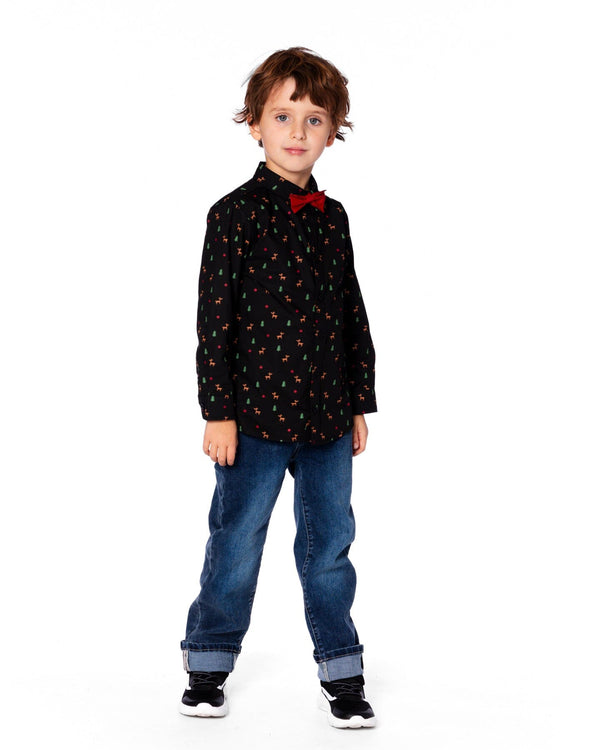 Printed Poplin Shirt Black And Multicolor With Bow Tie - H20OB15_000