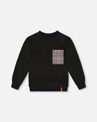 Super Soft Brushed Jersey Long Sleeve Top Black With Plaid Pocket - H20OB65_999