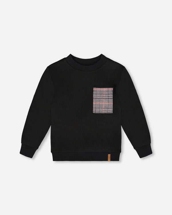Super Soft Brushed Jersey Long Sleeve Top Black With Plaid Pocket - H20OB65_999
