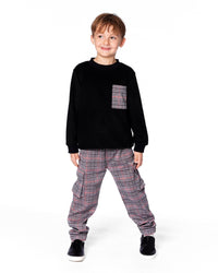 Super Soft Brushed Jersey Long Sleeve Top Black With Plaid Pocket - H20OB65_999