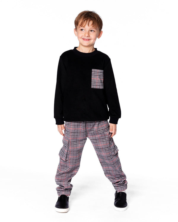 Super Soft Brushed Jersey Long Sleeve Top Black With Plaid Pocket - H20OB65_999