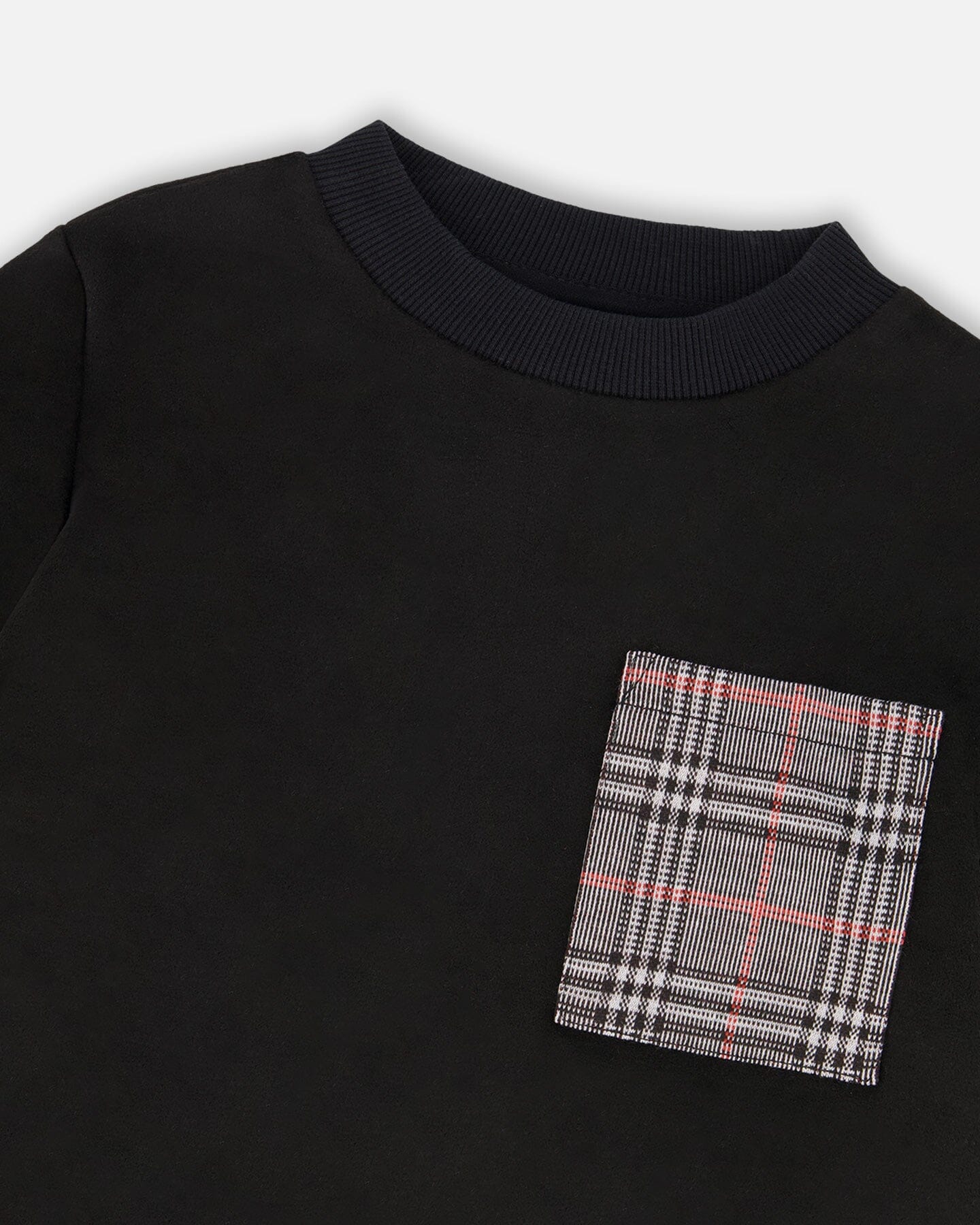Super Soft Brushed Jersey Long Sleeve Top Black With Plaid Pocket - H20OB65_999