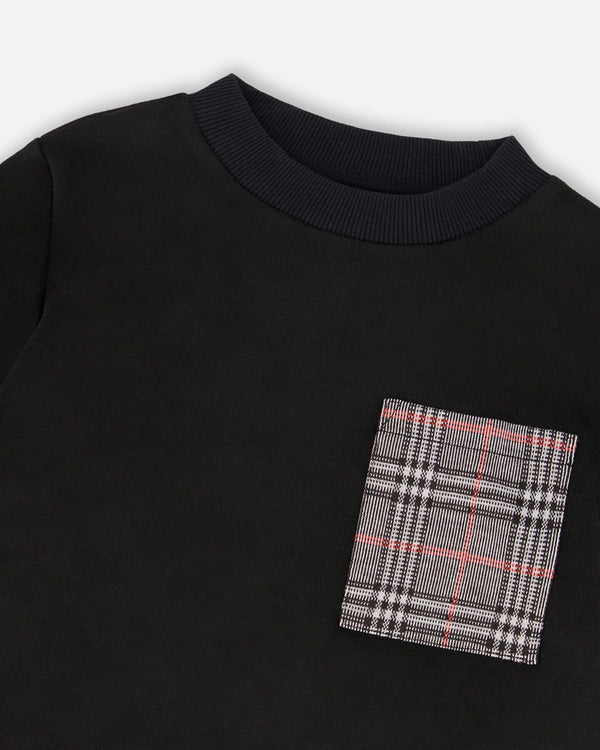 Super Soft Brushed Jersey Long Sleeve Top Black With Plaid Pocket - H20OB65_999