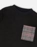 Super Soft Brushed Jersey Long Sleeve Top Black With Plaid Pocket - H20OB65_999