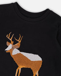 Organic Cotton T-Shirt Black With Boucle Deer Applique - H20OB70_999