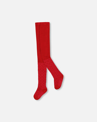 Knit Tights Red With Tone-On-Tone Star Pattern - H20OGT_749