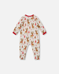 One-Piece Organic Cotton Pajama Beige Girly Reindeer Print - H20PA40US_041