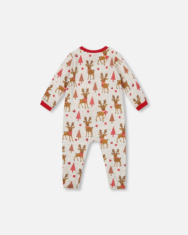 One-Piece Organic Cotton Pajama Beige Girly Reindeer Print - H20PA40US_041