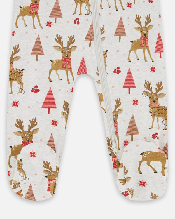 One-Piece Organic Cotton Pajama Beige Girly Reindeer Print - H20PA40US_041