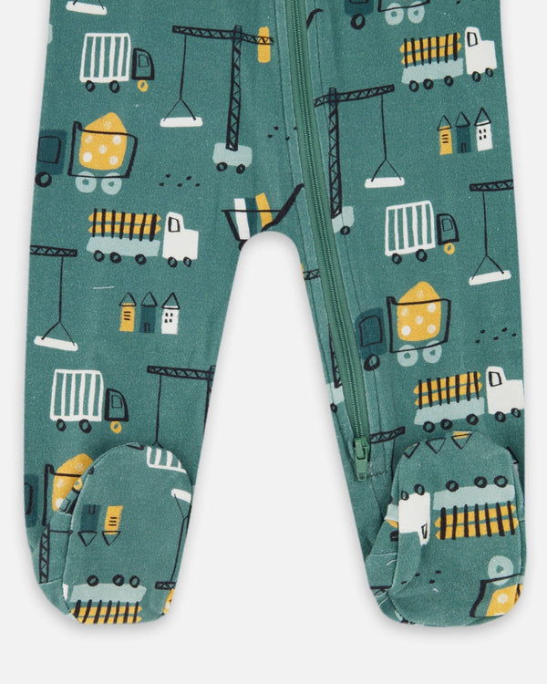 One-Piece Organic Cotton Pajama Teal Construction Print - H20PA40US_065