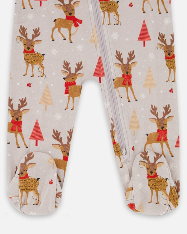 One-Piece Organic Cotton Pajama Beige Reindeer Print - H20PA40US_068