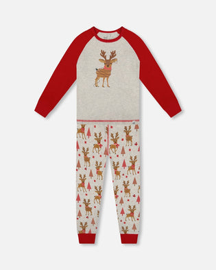 Organic Cotton Two-Piece Pajamas Beige Girly Reindeer Print - H20PG10US_041
