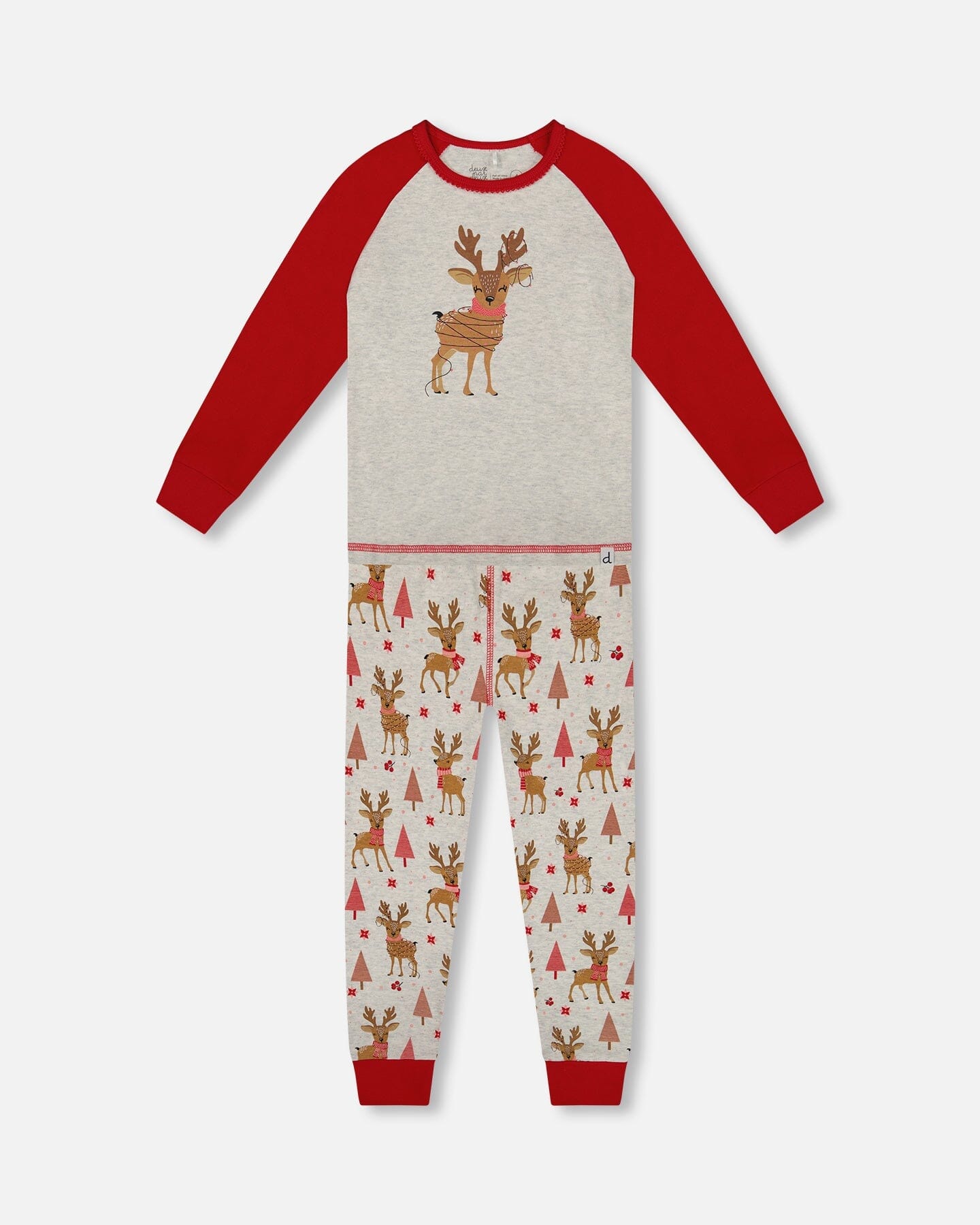 Organic Cotton Two-Piece Pajamas Beige Girly Reindeer Print - H20PG10US_041