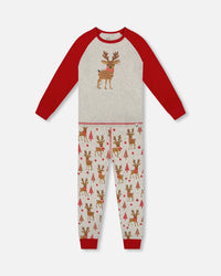 Organic Cotton Two-Piece Pajamas Beige Girly Reindeer Print - H20PG10US_041