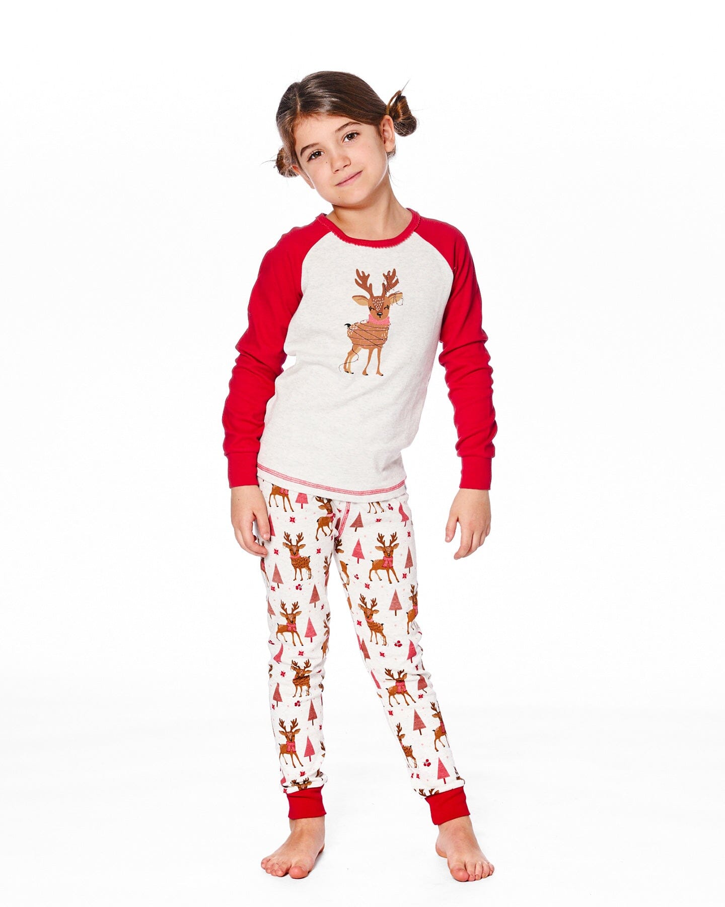 Organic Cotton Two-Piece Pajamas Beige Girly Reindeer Print - H20PG10US_041