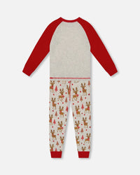 Organic Cotton Two-Piece Pajamas Beige Girly Reindeer Print - H20PG10US_041