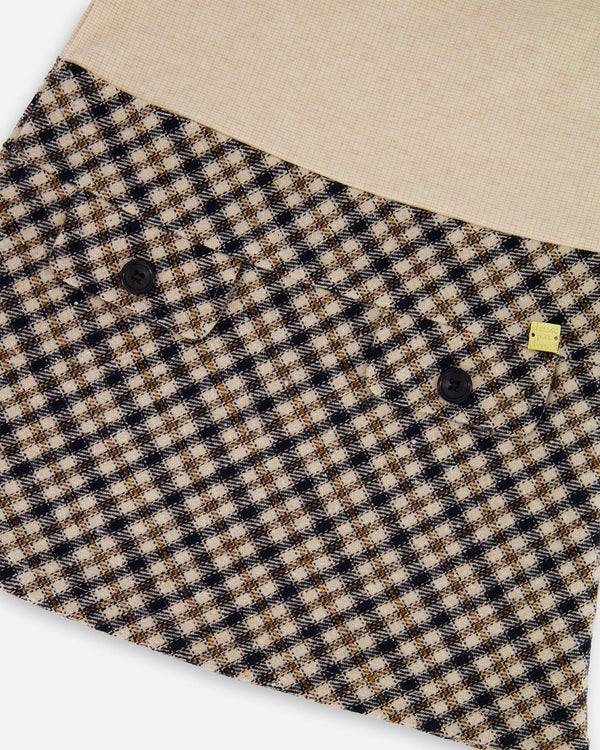 Long Sleeve Bi-Material Mock Neck Dress Beige And Plaid - H20Q87_193