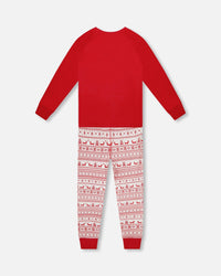 Adult Women Organic Cotton Two-Piece Pajamas Red And White Fairisle - H20R12_089